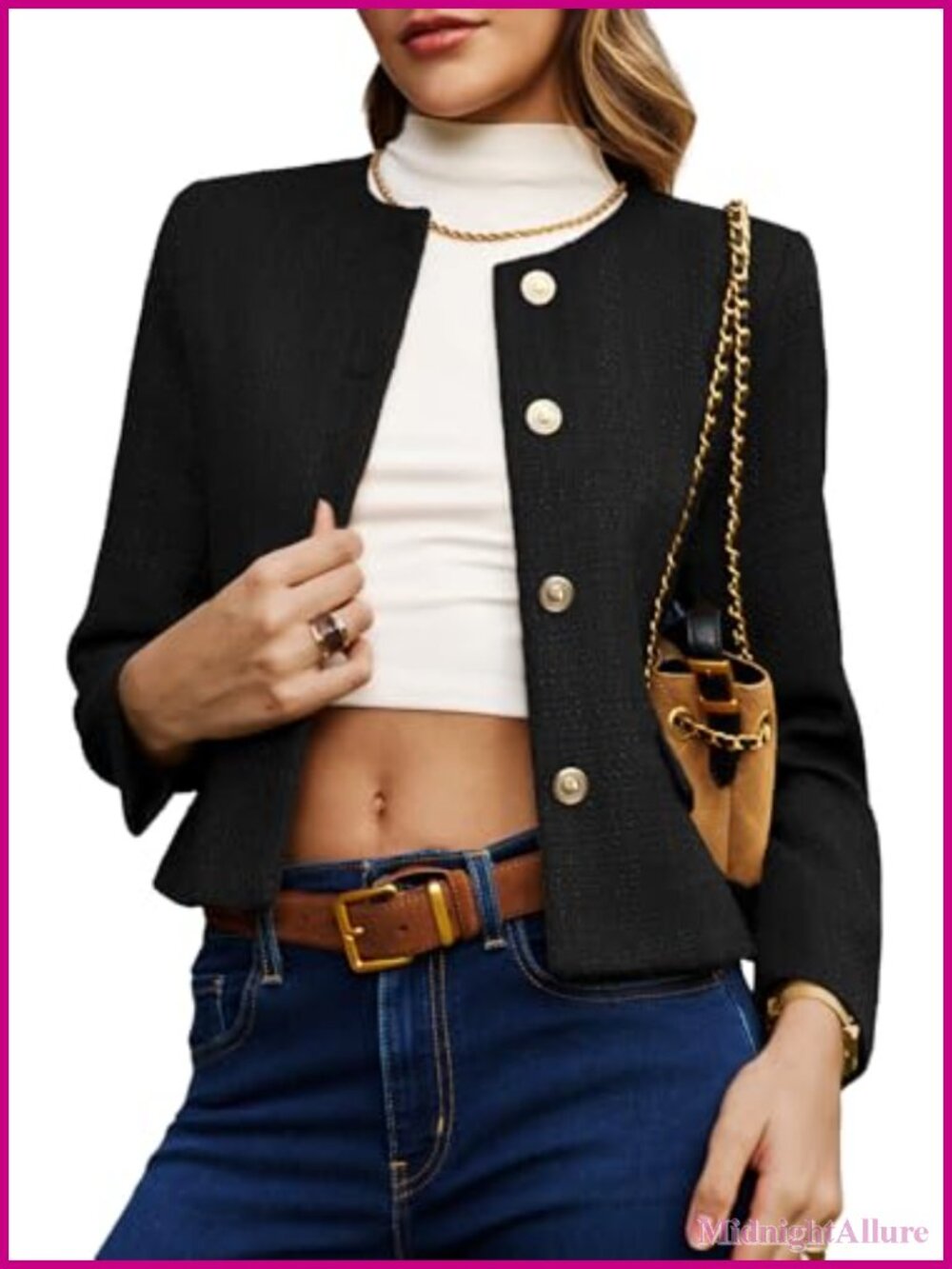 Cropped Tweed Blazer Collarless Button Down Business Casual Lightweight
